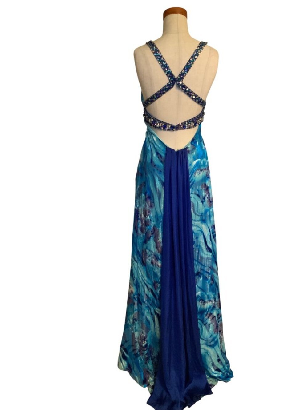 Riva Design Blue / green Beaded Silk Evening Gown With Open Back, sweeping train